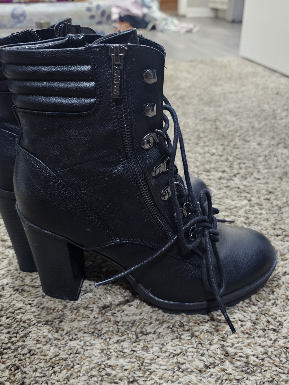 GUESS Black Lace-Up Block Heel Ankle Boots